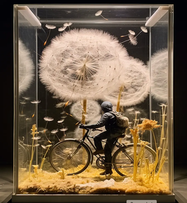 a person on a bike is inside a glass case with dandelions towering above them