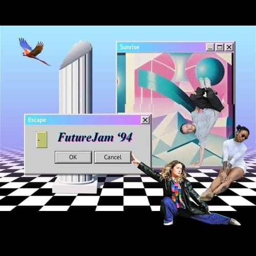 early internet graphics with the text 'FutureJam '94' and three dancers in various poses