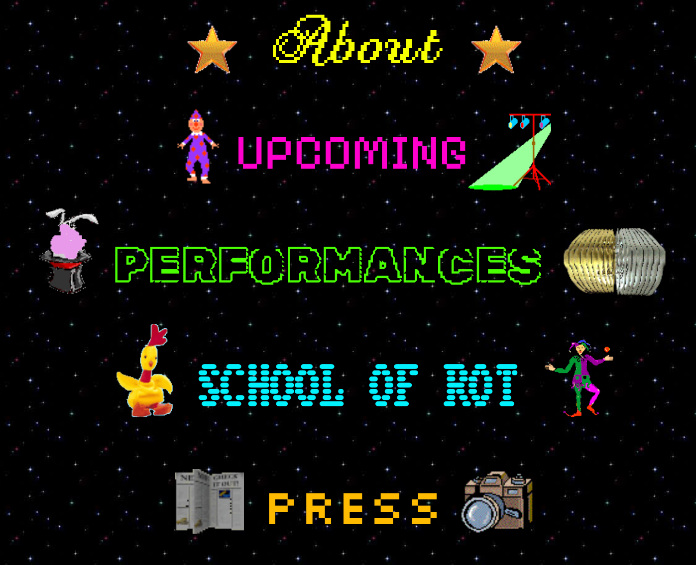 a website screenshot with a black galaxy background, multicolored options in multiple fonts and animated gifs