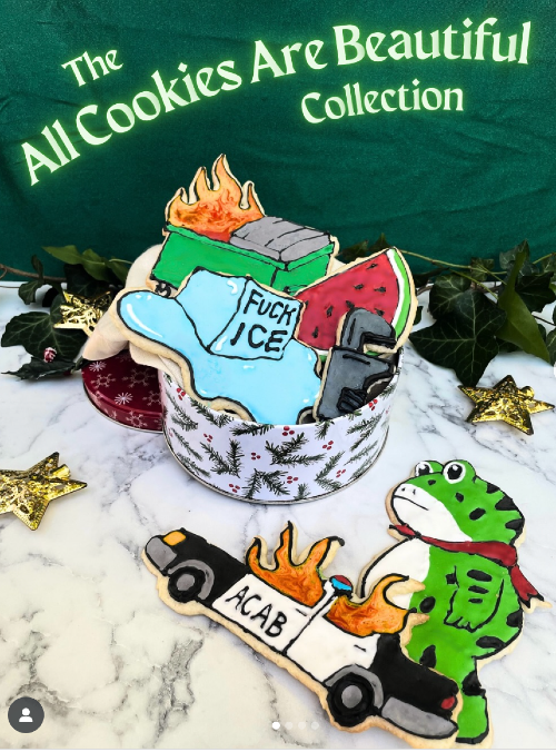image shows an assortment of social justice holiday cookies, including melting ice and a watermelon