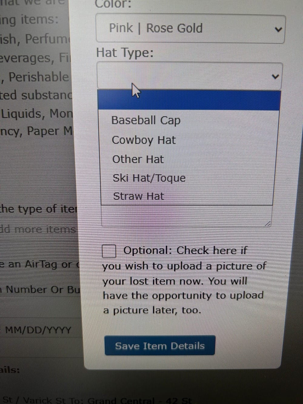 a drop down menu with options of "baseball cap, cowboy hat, other hat, ski hat/toque, straw hat"